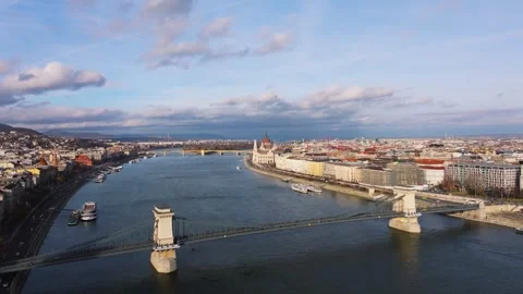Chain Bridge and Danube River with Daytime Cityscape of Budapest Stock Footage 332377322