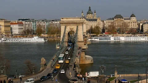 Chain Bridge and St. Stephen's Basilica, Budapest Stock Footage 105461143