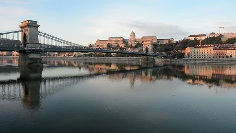 The Chain Bridge is bathed in late day sunlight in Budapest, Hungary Stock Footage 70813367