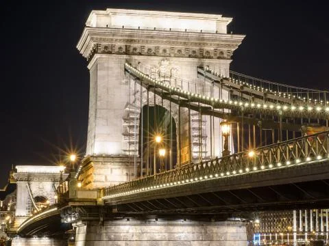 The Chain Bridge in Budapest in the evening. Sightseeing in Hungary Stock Photos