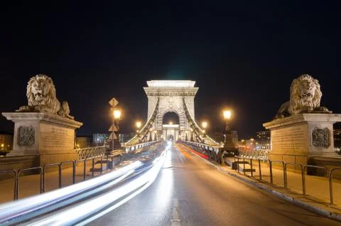 The Chain Bridge in Budapest in the evening. Sightseeing in Hungary Stock Photos