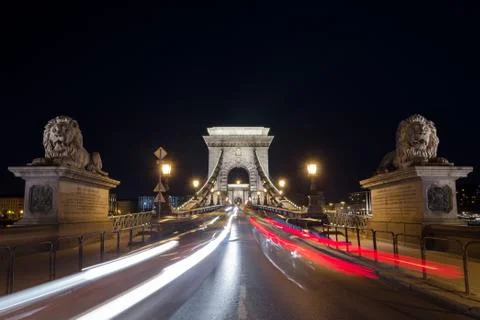 The Chain Bridge in Budapest in the evening. Sightseeing in Hungary Stock Photos