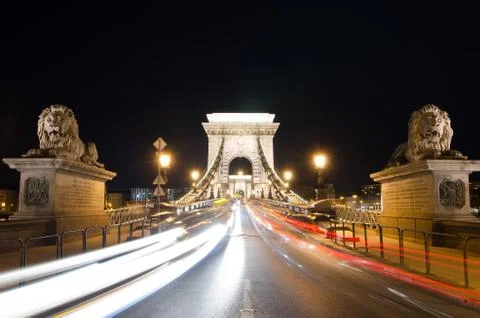 The Chain Bridge in Budapest in the evening. Sightseeing in Hungary Stock Photos