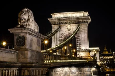 The Chain Bridge in Budapest in the evening. Sightseeing in Hungary Stock Photos