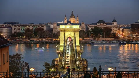 Chain Bridge in Budapest, Hungary, evening Time-Lapse with the Danube Stock Footage 143609442