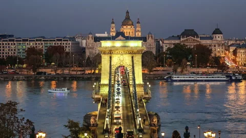 Chain Bridge in Budapest, Hungary, evening Time-Lapse with the Danube Stock Footage 143609447