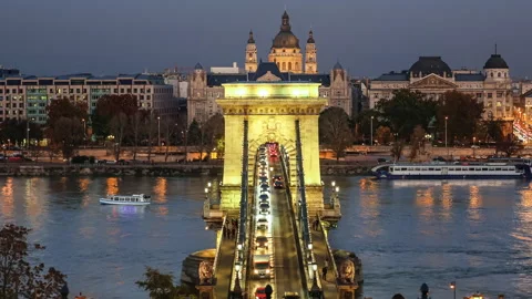 Chain Bridge in Budapest, Hungary, evening Time-Lapse with the Danube Stock Footage 143609461