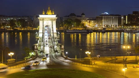 Chain Bridge in Budapest, Hungary, evening Time-Lapse with the Danube Stock Footage 143609605
