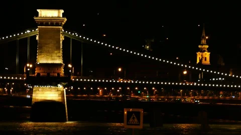 Chain Bridge in Budapest at Night Stock Footage 93381999