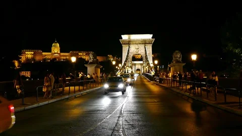 Chain Bridge in Budapest at Night Stock Footage 93382144