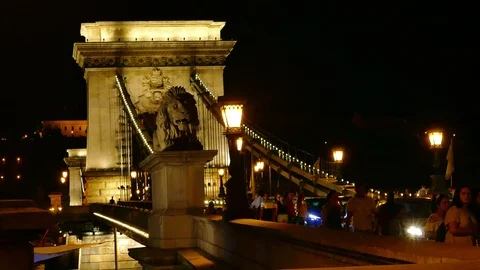 Chain Bridge in Budapest at Night Stock Footage 93385548