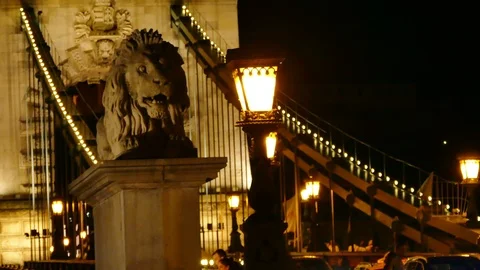 Chain Bridge in Budapest at Night Stock-Footage 93385657