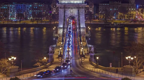 Chain Bridge of Budapest night time-lapse - zoom in version Stock Footage 39029538