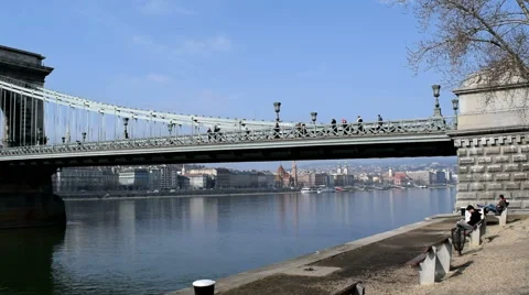 Chain Bridge over the Danube River &amp; Buda Castle Panorama, Budapest, Hungary Stock Footage 47708297