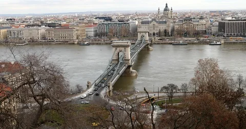 Chain Bridge over Danube river and Budapest city traffic 2 Stock Footage 103485223