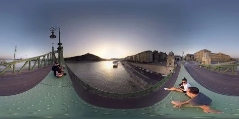Chain Bridge Sunset Danube Budapest Hungary 360 VR Stock Footage 94837899