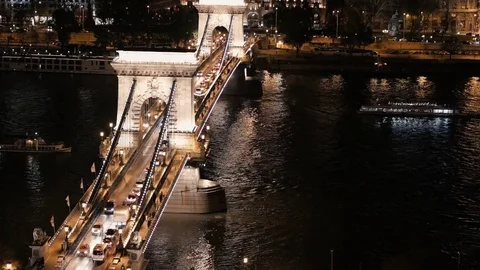 Chain bridge view at night light in Budapest Video stock 74236801