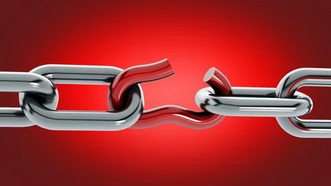 Chain with broken red part isolated on red background. 3D illustration Stock Illustration