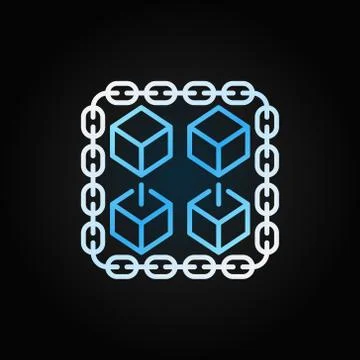 Chain with cubes blue linear icon. Blockchain vector sign Illustrazione stock