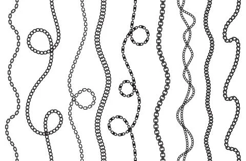 Chain curved borders. Seamless twisted lines, black silhouettes, different Stock Illustration