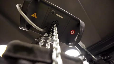 Chain Goes Down From Electric Ceiling Chain Hoist Video stock 262111541