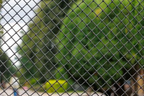 Chain-link fence in sharp focus against blurred green foliage Stock Photos