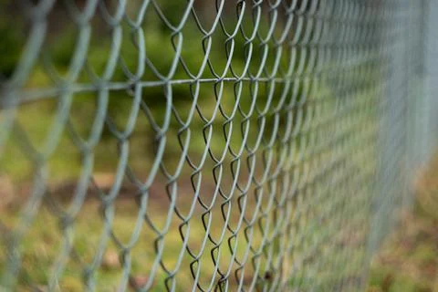 Chain link mesh wire fence around a garden. Close up shot, shallow depth of f Stock Photos