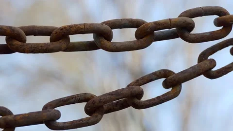 Chain. The links of an old rusty chain swing against the branches. Video stock 152063228