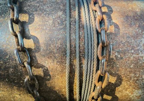 A chain of rusty chains is shown in a close up. Foto stock