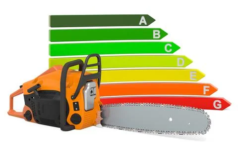 Chain saw with energy efficiency chart, 3D rendering Stock Illustration