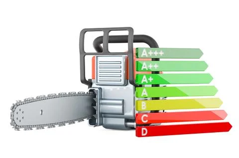 Chain saw with energy efficiency chart, 3D rendering Stock Illustration