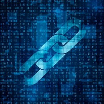 Chain symbol. Blockchain hyperlink symbol on binary code. Abstract blue matri Stockillustratie