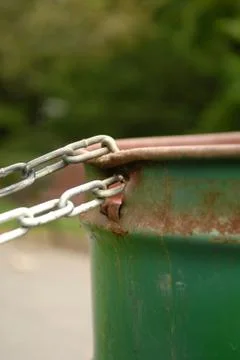 Chained Garbage Can - Portrait Foto stock