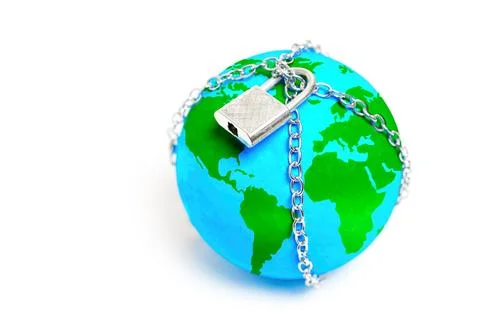 Chained Globe Model with Padlock Isolated on White 스톡 사진