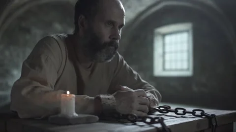 Chained man raising his head from folded hands with a sigh, looking ahead sadly 動画素材 339232241