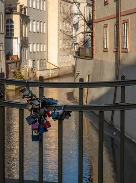Chained padlocks on the Lover's Bridge in Prague Stock Photos