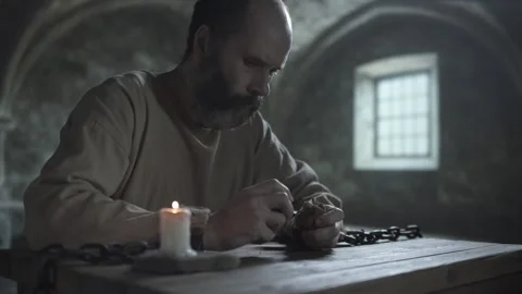 Chained prisoner breaking bread over a wooden table and eating a piece Stock Footage 337648831