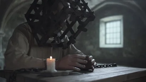 Chained prisoner in a head cage clenching and unclenching hands at a table Vídeo Stock 340079563