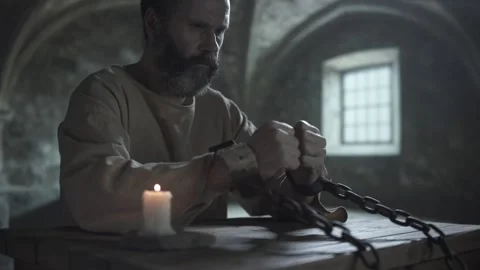 Chained prisoner pulling heavy iron chains and dropping hands onto a table Stock Footage 337649756