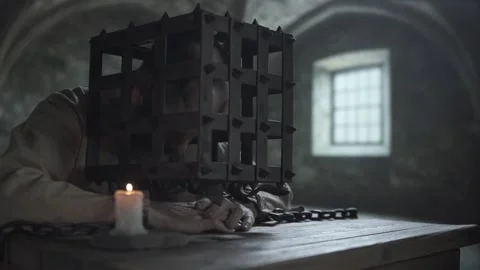 Chained prisoner wearing an iron head cage resting his head on clasped hands Vídeo Stock 340502558