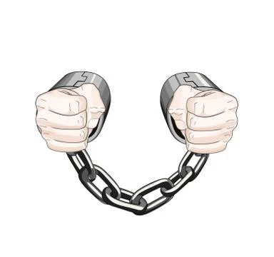 Chained white person. slave captive. Handcuffs. Vector graphic illustration Stock Illustration