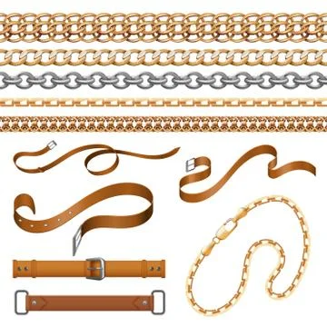 Chains and braids. Bracelets leather belts and golden furniture elements Stock Illustration