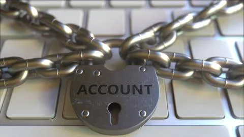 Chains and lock with ACCOUNT text on the computer keyboard. Conceptual 3D Stock Illustration