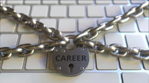 Chains and lock with CAREER text on the computer keyboard. Conceptual 3D Stock Illustration