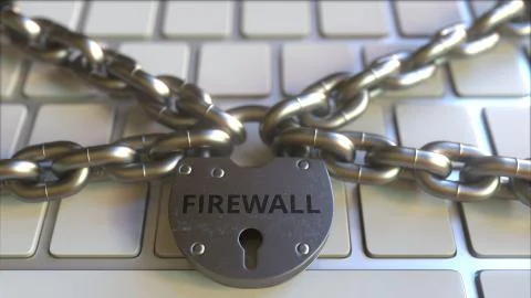 Chains and lock with FIREWALL text on the computer keyboard. Conceptual 3D Stock Illustration