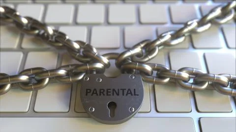 Chains and lock with PARENTAL text on the computer keyboard. Conceptual 3D Stock Illustration