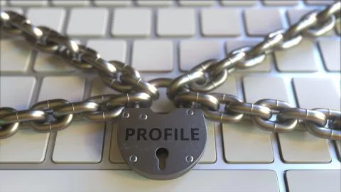 Chains and lock with PROFILE text on the computer keyboard. Conceptual 3D Stock Illustration