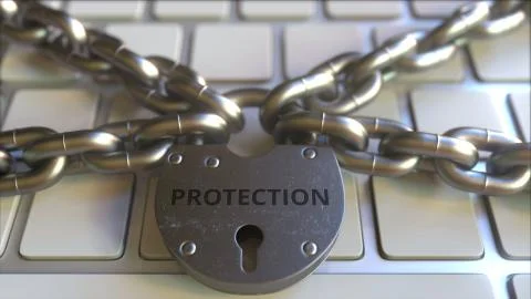 Chains and lock with PROTECTION text on the computer keyboard. Conceptual 3D Stock Illustration