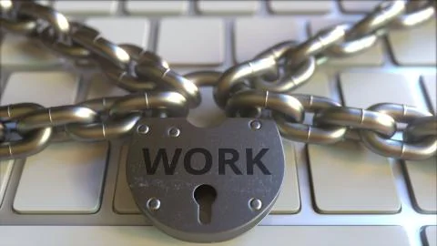 Chains and lock with WORK text on the computer keyboard. Conceptual 3D rendering Stock Illustration