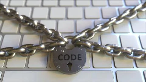 Chains and padlock with CODE text on the computer keyboard. Conceptual 3D Stock-Illustration